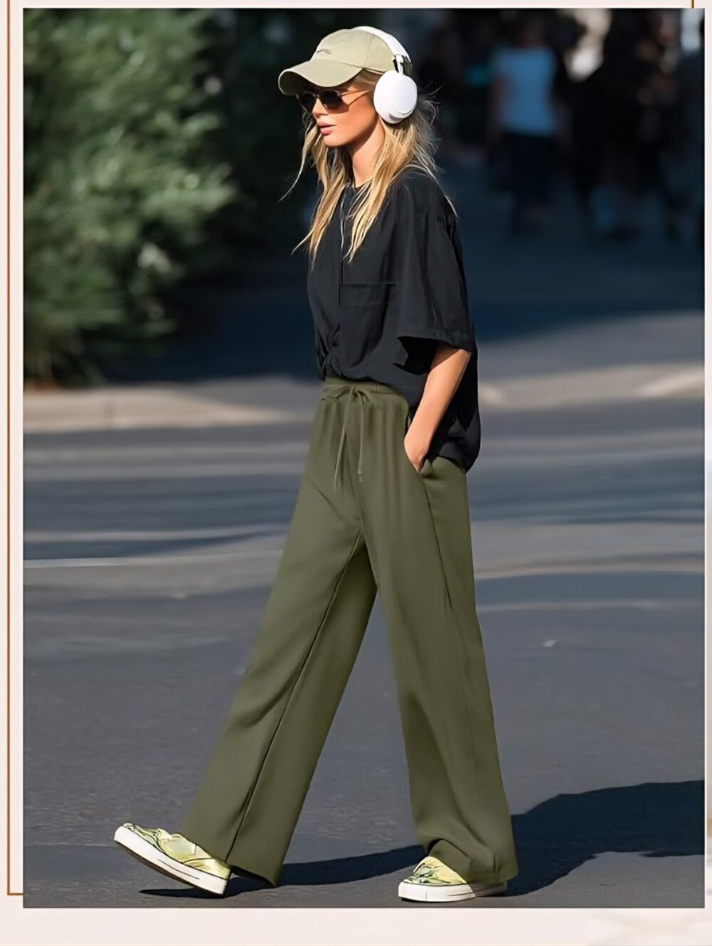 Womens Wide-Leg Tie Baggy Olive Green Drawstring Yoga Sweatpants Pockets, S